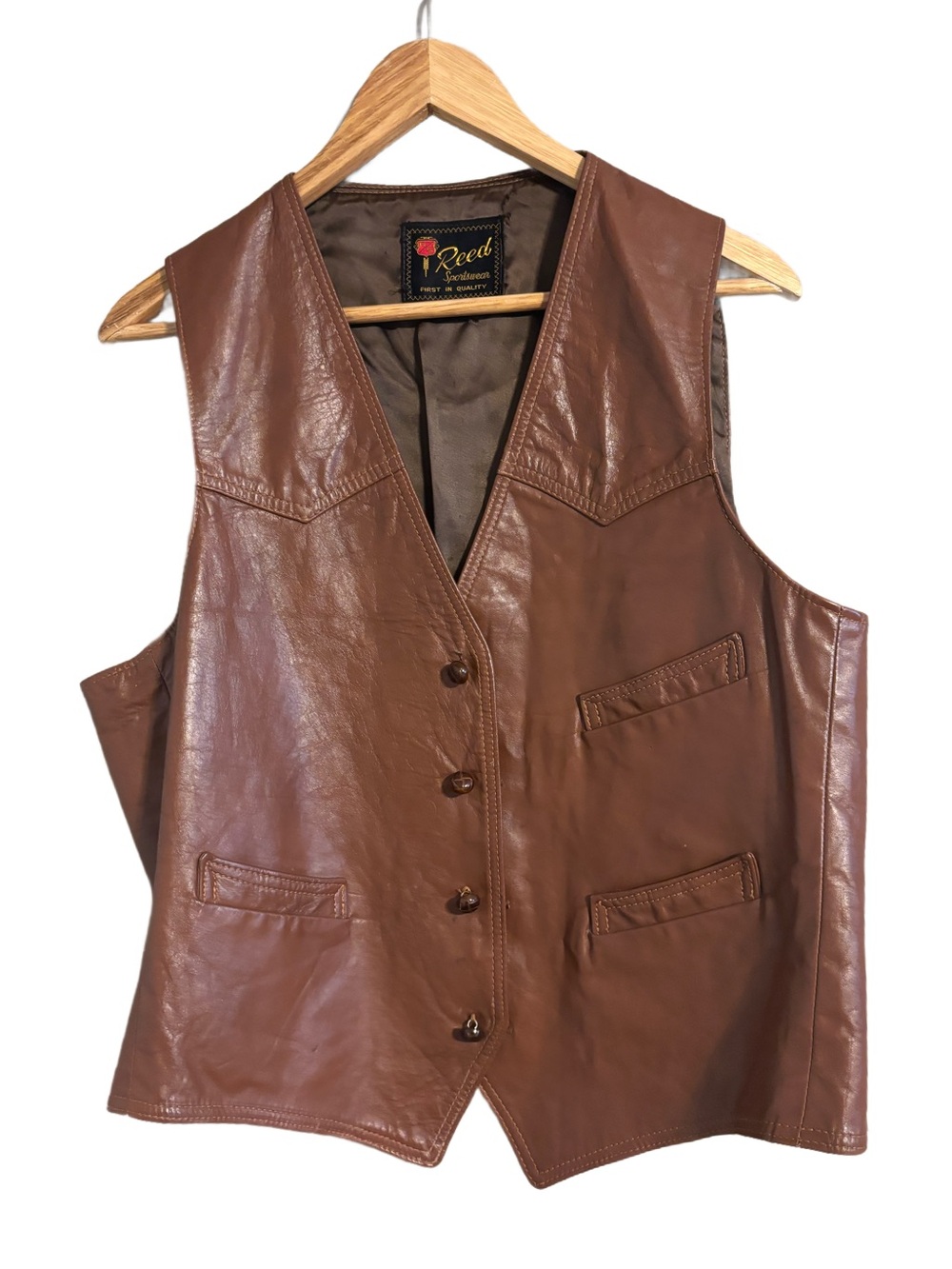 Vintage Reed Sportswear Brown Leather Button Front Vest Size 44, 21” pit to pit
